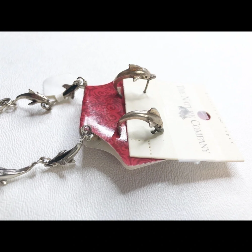 Sterling Silver Dolphin Link Bracelet & Earrings
